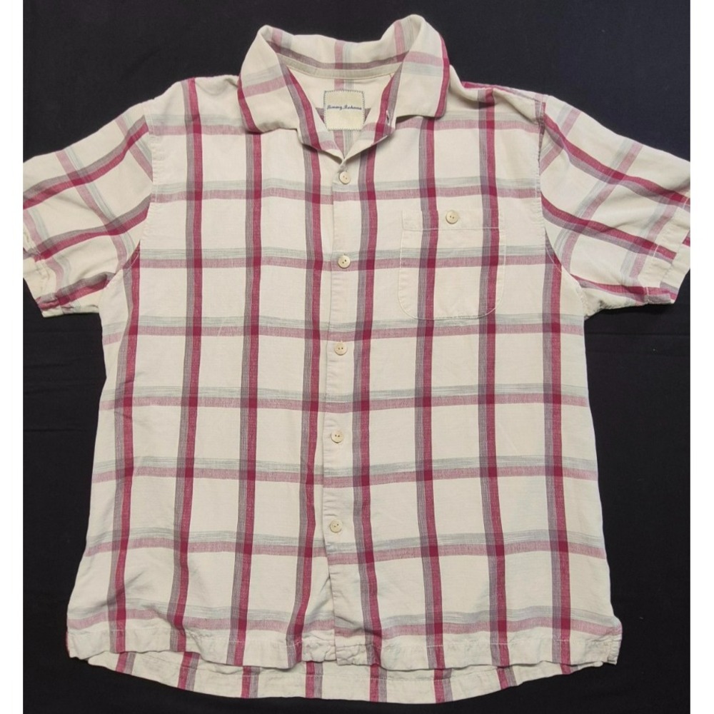 Tommy Bahama men's red/cream/gray plaid short sleeve 100% silk shirt sz. XL